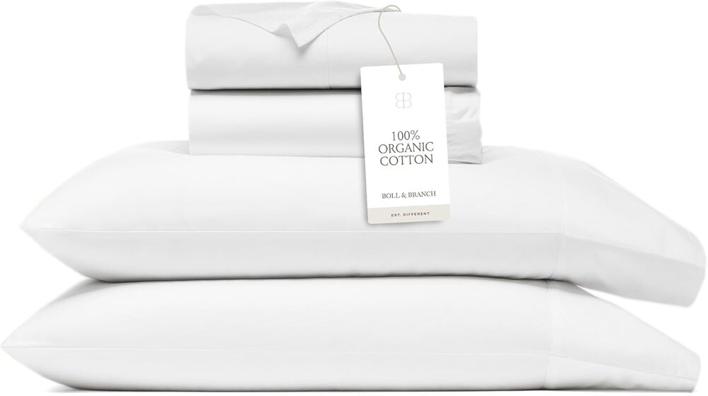 BOLL & BRANCH Signature Hemmed Sheet Set best bed sheets on amazon, deep pocket, Percale crispness, organic cotton.