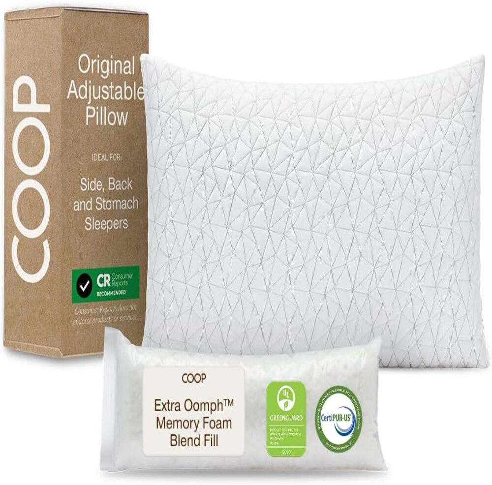 Coop Home Goods Original Adjustable Pillow for upper back and neck pain, instant pressure relief, zipper feature, long warranty