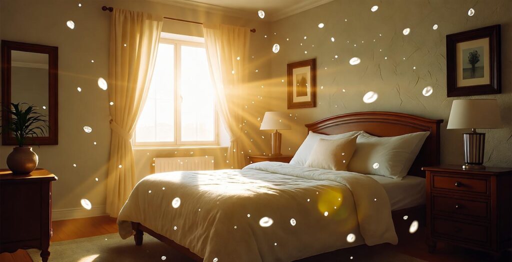 A picture showing dust mite flying in the room which can be seen in the beam of sun.