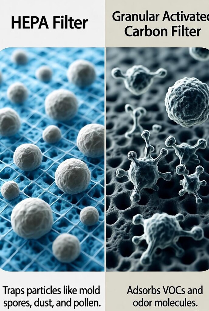 Picture showing what HEPA filter does and Granular Activated Filter does.