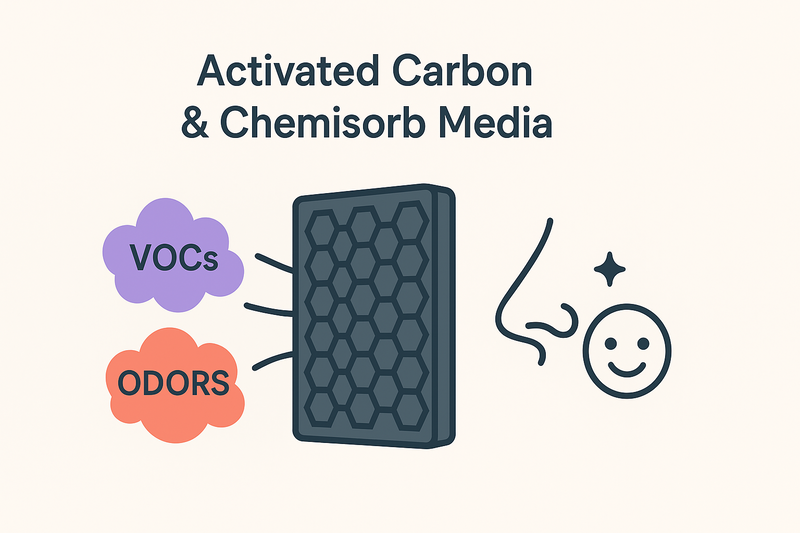Picture showing Chemisorb stages (like potassium permanganate) oxidize formaldehyde and sulfur smells from wet-dog germs.