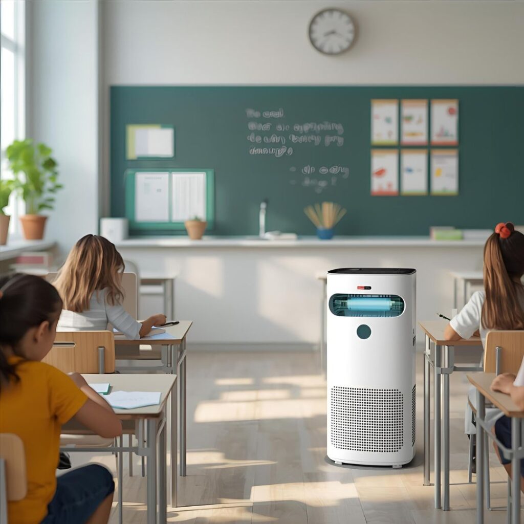 Classroom with air purifier and students.