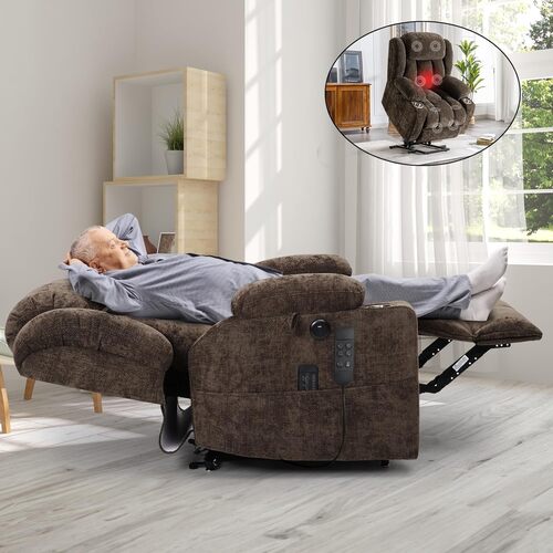 A brown recliners for sleeping in bedroom, that has pockets on both arms.