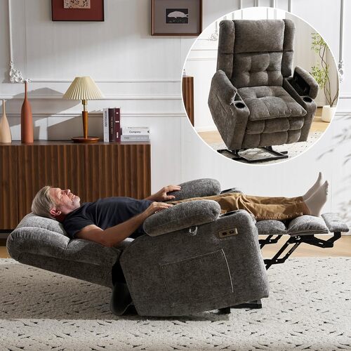 Gray recliner for sleeping in bedroom, that has true 180 degree lay flat.