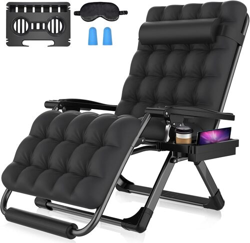 Black Suteck Oversized Zero Gravity Chair for heavy and tall person with no cross bar under knees.